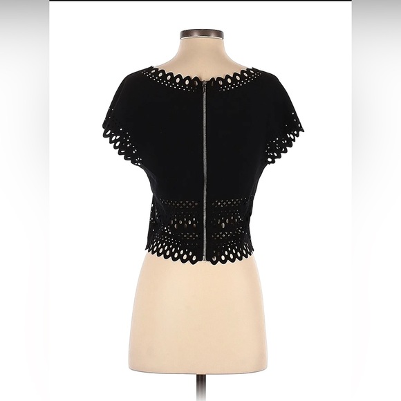 BEBE Black Crop Top with Decorative Cut Out Edge Zipper Back - Picture 2 of 6